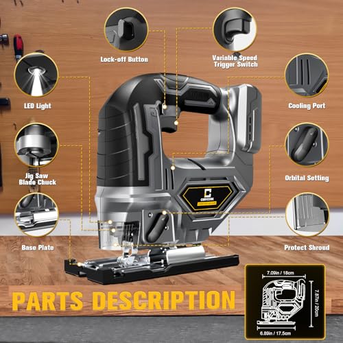 Cordless Jig Saw for Dewalt 18v 20v Max Battery, Jigsaw Tool Brushless,Variable Speed 2900 RPM, Bevel Angle (0°-45°), 3 Orbital Action, LED Light for - WoodArtSupply