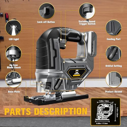 Cordless Jig Saw for Dewalt 18v 20v Max Battery, Jigsaw Tool Brushless,Variable Speed 2900 RPM, Bevel Angle (0°-45°), 3 Orbital Action, LED Light for - WoodArtSupply