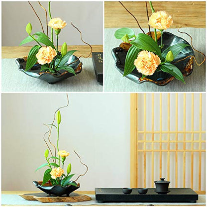 WANDIC Flower Arranging Pot, Irregular Ceramic Kenzan Flower Pot with 4.6cm Flower Pin Frog Black Flower Vase with Glaze in Random Color for Ikebana - WoodArtSupply