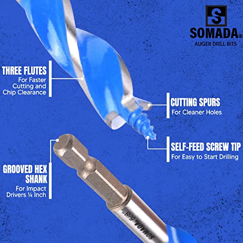 SOMADA Auger Drill Bit Set for Wood, 5-Piece, 1/2", 5/8", 3/4", 7/8" and 1" Inch Size, 4-Inch Long with Storage Case, Impact Wood Auger Set with - WoodArtSupply