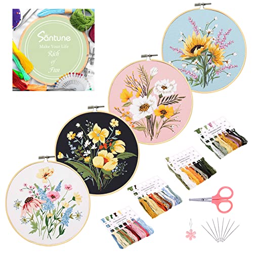 Santune 4 Pack Flower Embroidery Kit for Beginners Adults Cross Stitch Kits for Beginners Hand Embroidery with Plant Patterns and Instructions DIY - WoodArtSupply