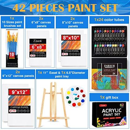 ESRICH Acrylic Paint Canvas Set,42 Piece Professional Premium Paint Kit with 1 Wood Easel,24Colors,10 Brushes,6 Canvases, Painting Supplies Kit for