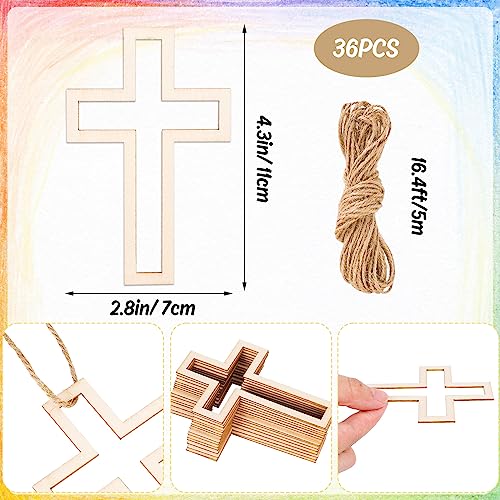 Whaline 36Pcs Blank Wood Cutouts Unfinished Wooden Cross Cutouts with Hemp Rope 2.8x4.3 Inch DIY Hanging Ornaments Embellishments Wooden Slices for - WoodArtSupply