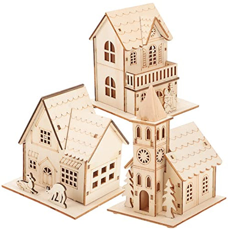 Toyvian 3pcs Christmas Led Light Wooden House with Battery, Unfinished Wooden Christmas Village Mini Houses Micro House Landscape Decors for Toyvian