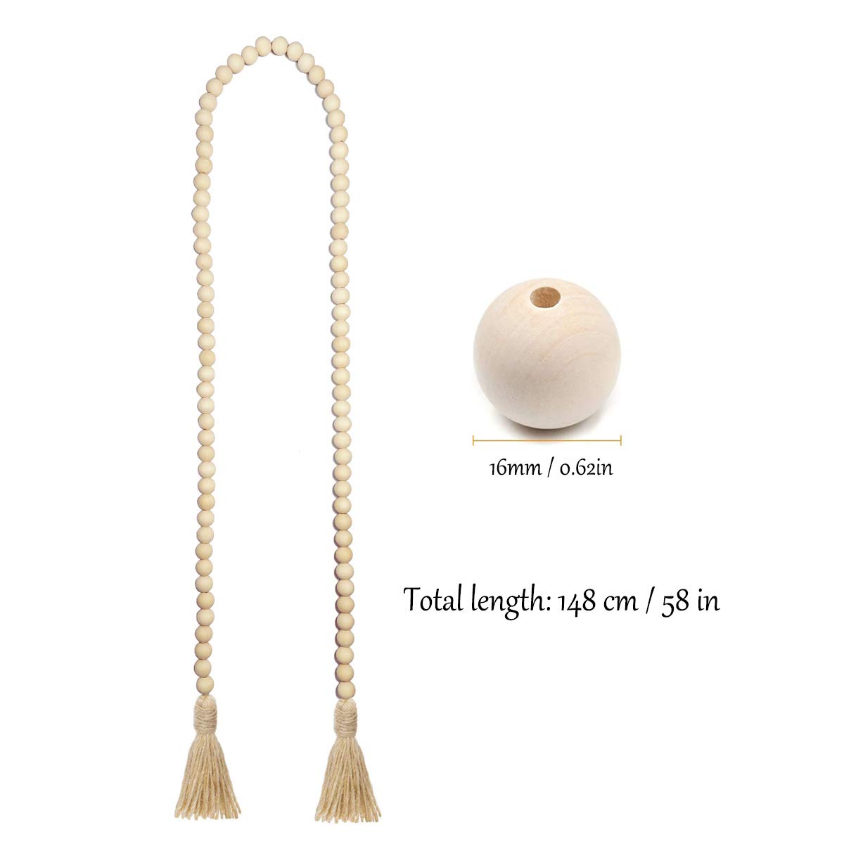 Farmhouse Beads 58in Wood Bead Garland with Tassels Rustic Country Decor Prayer Boho Beads Big Wall Hanging Decor RGB World