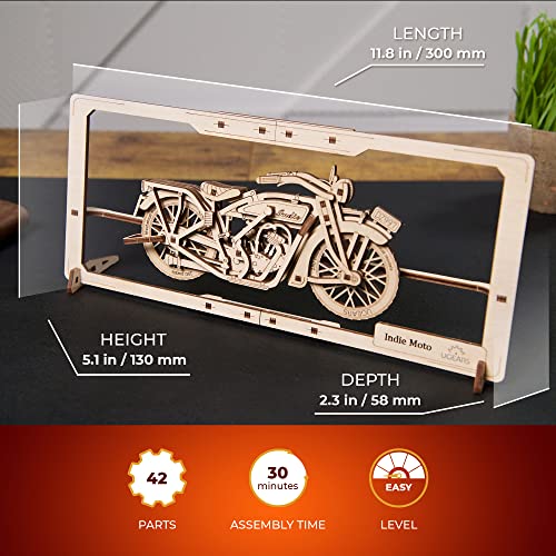 UGEARS Indie Moto 2.5D Puzzle - Wooden Motorcycle Model Kits for Adults with Moving Handlebar, Wheels, Footrest and Seat - DIY 2.5D Motorcycle Puzzle UGEARS