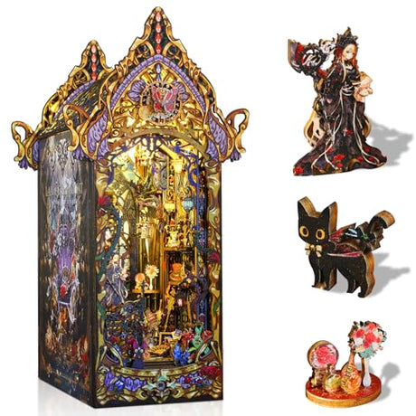 DIY Book Nook Kit Castle Miniature Dollhouse Kit, Magic Castle Bookshelf Insert Decor with Sensor LED Light, Bookend Building Set Hobbies 3D Wooden Hallisun