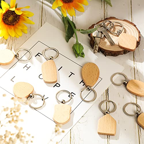 Wood Engraving Blanks Wooden Keychain Assorted Shape Unfinished Wooden Key Tag with Ring for DIY Gift Craft Accessories (40 Pcs)