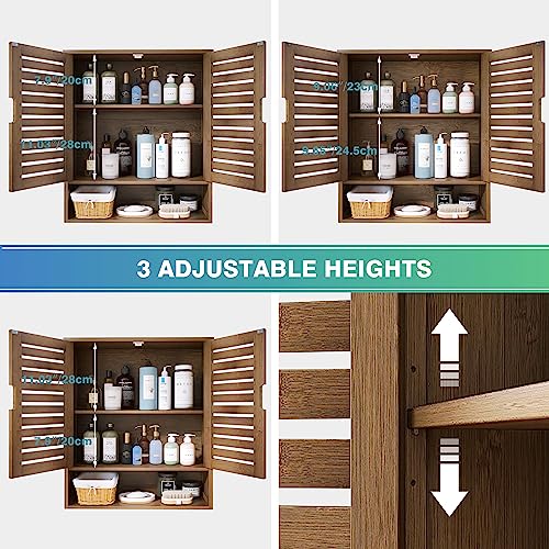 SMIBUY Bathroom Cabinet Wall Mounted, Bamboo Over-The-Toilet Storage Organizer, Space Saver Medicine Cabinet with 2 Door and Adjustable Shelves SMIBUY