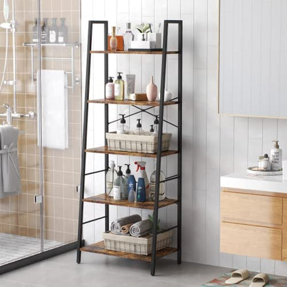 Yusong 5-Tier Industrial Ladder Bookshelf - Rustic Brown Storage Rack for Home and Office - WoodArtSupply