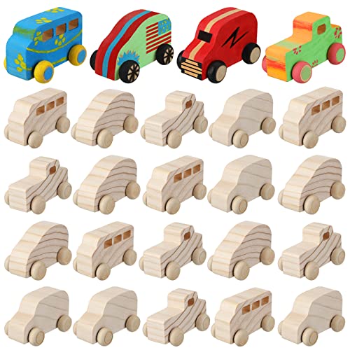 Chivao 24 Pcs Wood DIY Car Toys, Unfinished Wooden Cars, Paintable Wood Toys, Wooden Crafts for Students Home Activities Craft Projects Easy