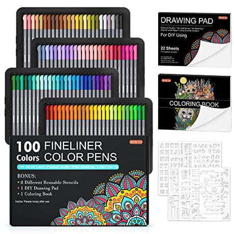 Shuttle Art Fineliner Colored Pens, 100 Colors 0.4mm Fine Point Pens with Stencils & Adult Coloring Books for Coloring, Drawing, Detailing, Writing Shuttle Art