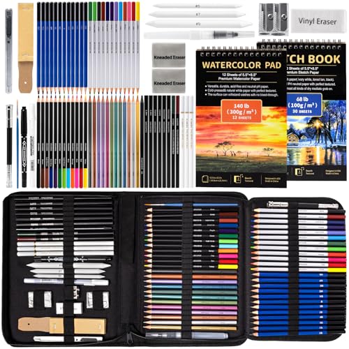 Drawdart Art Supplies Drawing Pencils Set - 76 Pack Pro Sketching Kit with Sketchbook & Watercolor Pad, Includes Graphite, Charcoal, Watercolor &