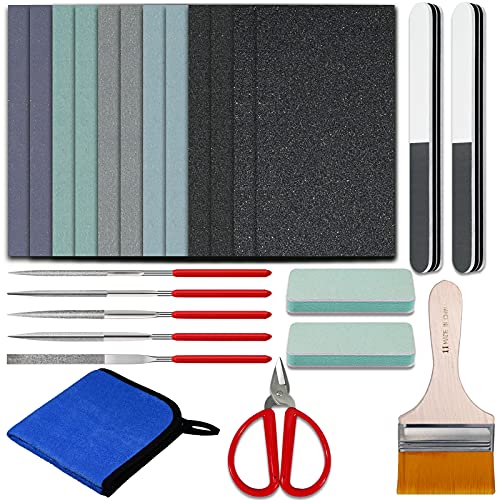 Sakolla Resin Polishing Kit - 24 PCS Resin Supplies Casting Tools Set with Sandpaper, Resin File Kit, Polishing Strips Blocks, Scissors, Wooden - WoodArtSupply