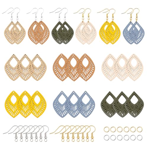 NBEADS 392 Pcs Earring Making Kits, Wooden Earring Dangle Water Drop Pendants Charms with Earring Hooks and Jump Rings for Jewelry Earring Makings
