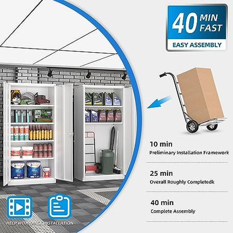 Superday Metal Storage Cabinets, 71" Steel Storage Cabinet with Lock, Tall White Cabinet with 2 Doors and 4 Adjustable Shelves for Garage, Home Superday