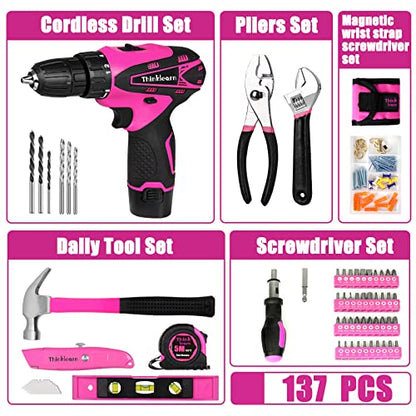 Pink Drill Set for Women, 137 Piece Hand and Power Tool Set with 12V Cordless Drill, Home Tool Kit for DIY, Necessities for Daily Decoration and