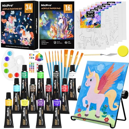 Nicpro 34PCS Kids Acrylic Paint Set with Pattern Canvas, Art Painting Supplies Kit with 12 Paints, 10 Brushes, 6 Canvas Panels, Table Easel, Paper Nicpro