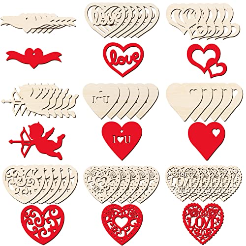 45 Pieces Valentine Wooden Cutouts Wood Heart Cutouts Ornaments Unfinished Heart Wood Slices Wood Cupid Shape Slices with 45 Pieces Hemp Rope for Maitys