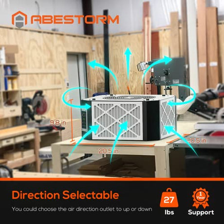 ABESTORM 360 Degree Intake Air Filtration System Woodworking -(1350 CFM) Hanging Air Filter with Strong Vortex Fan for Wood Workshop, Garage, Shop Abestorm