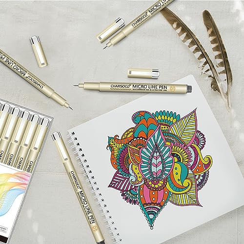 CHARSOCO 01 Micro Pen, Fine Point Pen with 12 Colors, Waterproof Archival Ink, 0.25mm Fineliner Ink Pens for Artist Illustration, Sketching, Anime, CHARSOCO