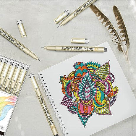 CHARSOCO 01 Micro Pen, Fine Point Pen with 12 Colors, Waterproof Archival Ink, 0.25mm Fineliner Ink Pens for Artist Illustration, Sketching, Anime, CHARSOCO