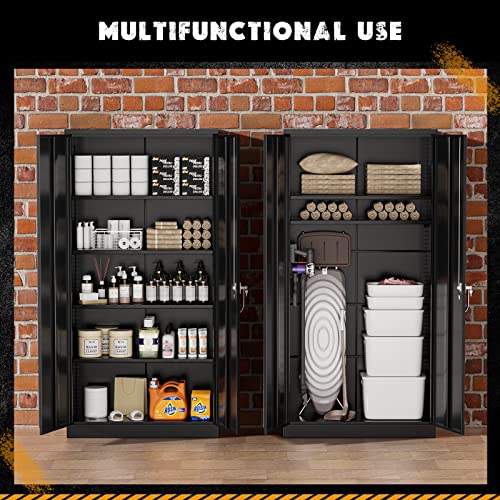 Greenvelly Storage Cabinet, 72” Black Garage Steel Locking Cabinet with Doors and 4 Adjustable Shelves, Tall Lockable File &Tool Cabinet for Home Greenvelly