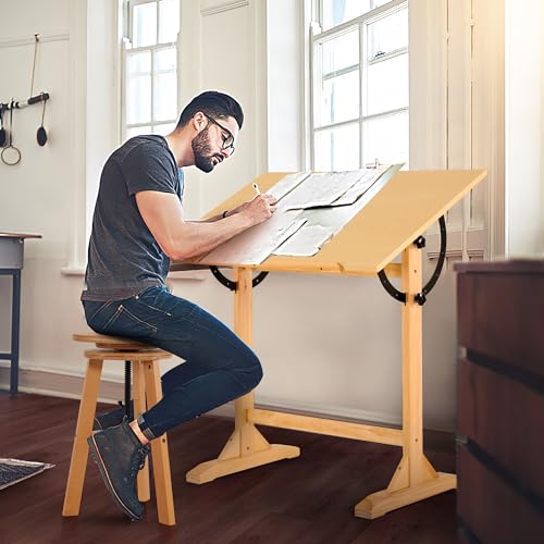 VISWIN 24'' x 35" Artist Drafting Table, Adjustable Angle, 34" Height Solid Pine Wood Drawing Table, Art Table for Adults, Tilts Flat, Art Craft VISWIN