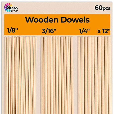 Wooden Dowel Rods for Craft - 60 pcs Round Wood Dowels 12 inch in Varying Sizes - 1/8, 3/16, 1/4 - Different Rods - Craft Sticks Round Dowels… StesoSHOP