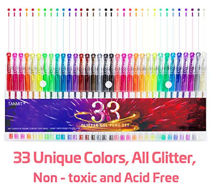 TANMIT Glitter Gel Pens, 33 Colors Neon Glitter Pens Set Gel Art Markers with 40% More Ink for Adult Coloring Books, Drawing, Journaling, Doodling