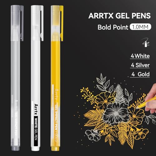 Arrtx White Gold Silver Gel Pens 12 Pack,1.0MM Bold Point Opaque Gel Ink  Pens,Large Capacity White Ink Pens for Black Paper Drawing Sketching