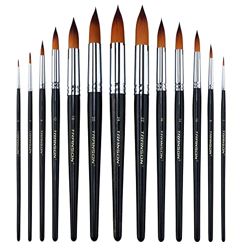 Transon 13pcs Round Paint Brush Set Synthetic Bristle Complete Round Brush Set for Watercolor Acrylic Gouache Ink Tempera TRANSON