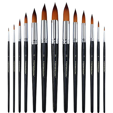 Transon 13pcs Round Paint Brush Set Synthetic Bristle Complete Round Brush Set for Watercolor Acrylic Gouache Ink Tempera TRANSON