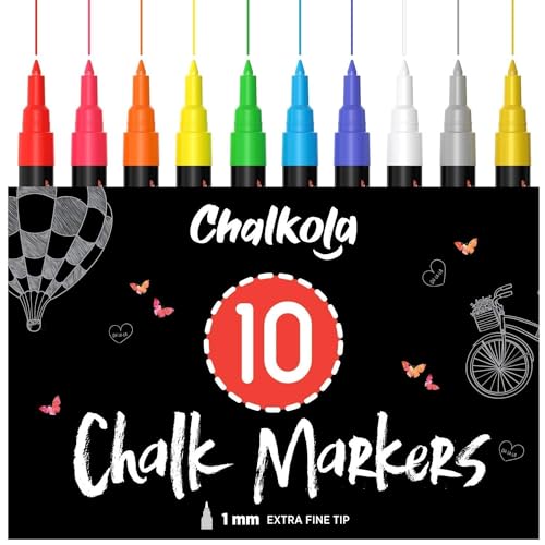 Extra Fine Tip Liquid Chalk Markers (10 Pack) with Gold & Silver - Dry Erase Marker Pens for Blackboard, Windows, Chalkboard Signs, Bistro - 1mm Tip Chalkola