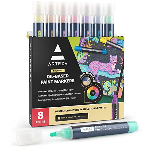 ARTEZA Pastel Oil-Based Markers, 8-Pack, 2.5 mm Line, Large Barrel, Quick-Drying Permanent Marker Pens with Bullet Nib, Craft and Art Supplies for ARTEZA