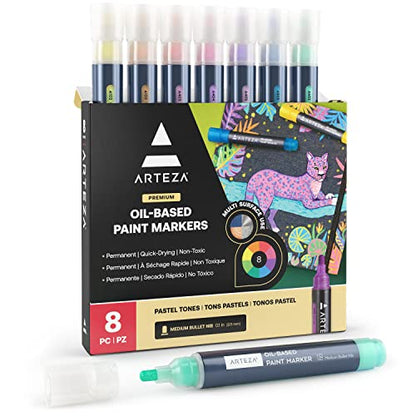 ARTEZA Pastel Oil-Based Markers, 8-Pack, 2.5 mm Line, Large Barrel, Quick-Drying Permanent Marker Pens with Bullet Nib, Craft and Art Supplies for - WoodArtSupply