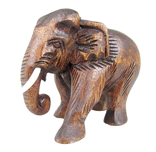 Land of Simple Treasures Hand Carved Wooden Elephant Statue - Wood Elephant Carving from Thailand - Feng Shui Elephant Figure - Brown, 5.5 Inches - WoodArtSupply