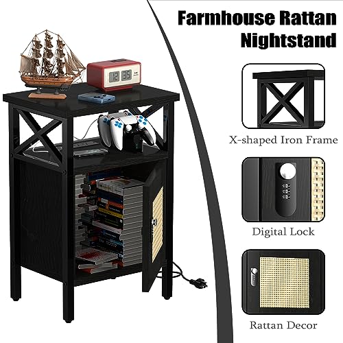 runjuly Rattan Nightstand with Lock, End Table with Charging Station, Side Table with Door and Open Shelf, Modern Wooden Bedside Table for Bedroom, runjuly