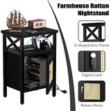 runjuly Rattan Nightstand with Lock, End Table with Charging Station, Side Table with Door and Open Shelf, Modern Wooden Bedside Table for Bedroom, runjuly
