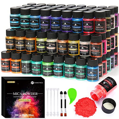 CHANGTIKEJI Mica Powder ，100 Colors - 10g/Bottle of Natural Pigment for Epoxy Resin，Lip Gloss，Eye Shadow,Car Freshies,Dye,Soap Making,Nail