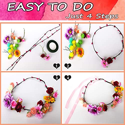 WUBOMJIO Flower Crowns Craft Kit, Make Your Own 12 PCs Flower Crowns Garland Handmade Arts and Crafts for Kids, DIY Fairy Flower Headbands and WUBOMJIO