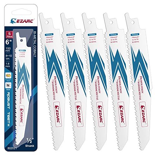EZARC Reciprocating Saw Blade Bi-Metal Cobalt Sabre Saw Blades for Wood and Metal Demolition 6-Inch 8+10TPI R630DM (5-Pack) EZARC