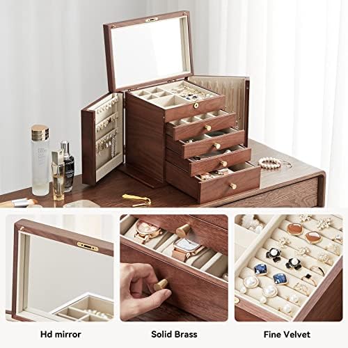 Homruilink Black Walnut Jewelry Box for Women Classical Wooden with Two Side Doors 5-Layer Organizer with Mirror 5 Big Drawers Watch Necklace Ring Homruilink