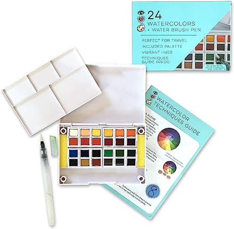 Bright Stripes 24 Watercolor Paint Set With Water Brush Pen, Premium Watercolors, Sponge, Case And Palette, Perfect Travel Art Kit For Painting On Bright Stripes