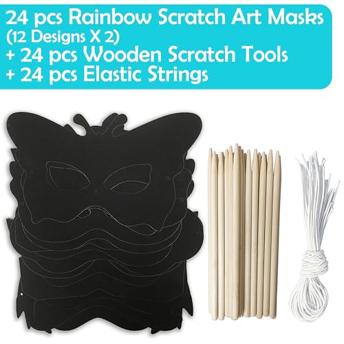 VHALE 24 Sets Rainbow Scratch Paper Art Superhero Masks, Dress Up Halloween Costumes, Creative Classroom Arts and Crafts, Fun Drawings, Travel Toys, VHALE