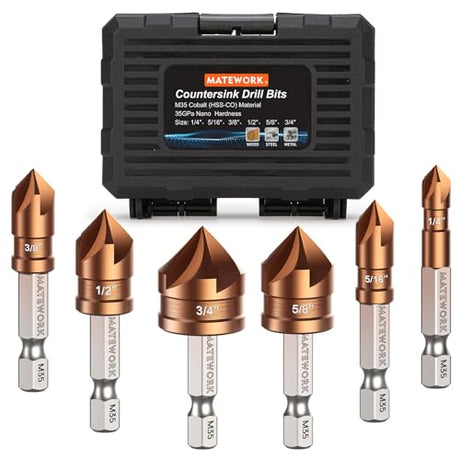 Matework Countersink Drill Bit Set, M35 Cobalt HSS Countersink Drill Bits 6 Pieces 1/4 Inch Quick Change Hex Shank for Metal, Wood, Stainless Steel, Matework