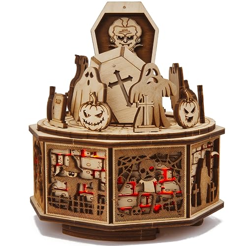 Wood Trick Halloween Wooden Music Box Kit - Addams Melody - w/Red Lighting - 3D Wooden Puzzle for Adults and Kids to Build - Engineering DIY Project Wood Trick
