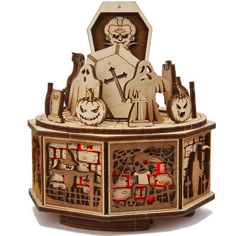 Wood Trick Halloween Wooden Music Box Kit - Addams Melody - w/Red Lighting - 3D Wooden Puzzle for Adults and Kids to Build - Engineering DIY Project Wood Trick