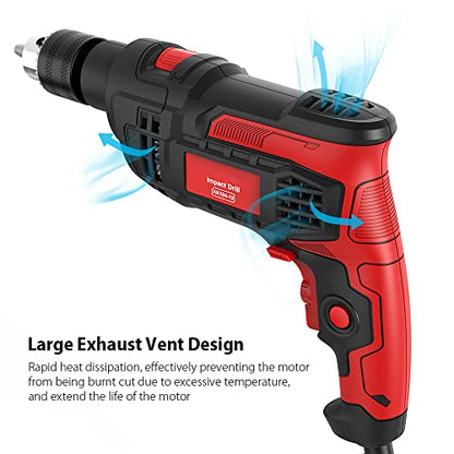 Hammer Drill 850W Impact Drill 1/2-Inch 7 Amp Corded Drill with Variable Speed 0-3000RPM, Hammer and Drill 2 Functions in 1 for Steel, Concrete,