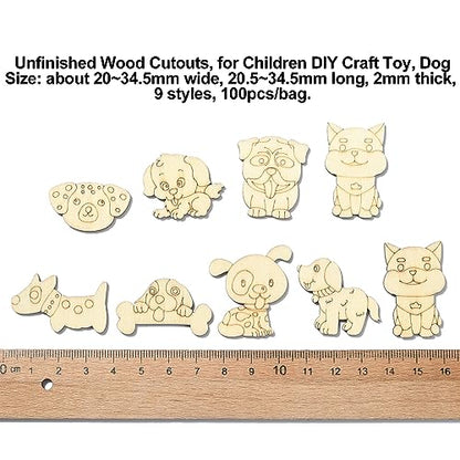 LiQunSweet 100 Pcs 9 Styles Random Animal Dog Puppy Blank Wooden Slices Charms Unfinished Wood Cutouts for Children Girl Boy DIY Craft Toy Painting